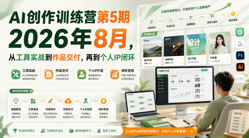 AI创作训练营第5期2026年8月,从工具实战到作品交付,再到个人IP闭环(更新0904)-智富思维学堂