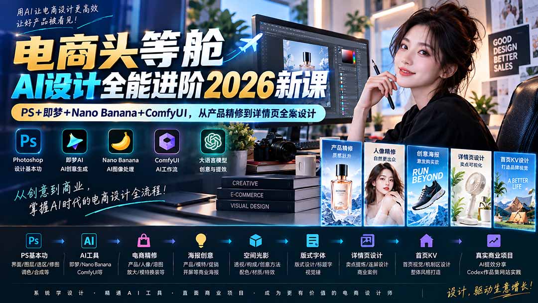 图片[2]-电商头等舱AI设计全能进阶2026新课：PS+即梦+Nano Banana+ComfyUI，从产品精修到详情页全案设计-智富思维学堂