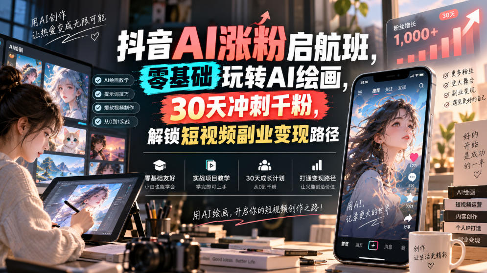 抖音AI涨粉启航班，零基础玩转AI绘画，30天冲刺千粉，解锁短视频副业变现路径-智富思维学堂