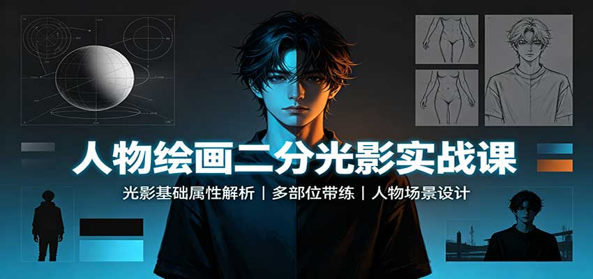 人物绘画二分光影实战课：光影基础属性解析，多部位带练，人物场景设计-智富思维学堂