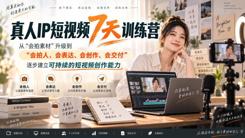 真人IP短视频7天训练营,从“会拍素材”升级到“会拍人、会表达、会创作、会交付”,逐步建立可持续的短视频创作能力-智富思维学堂
