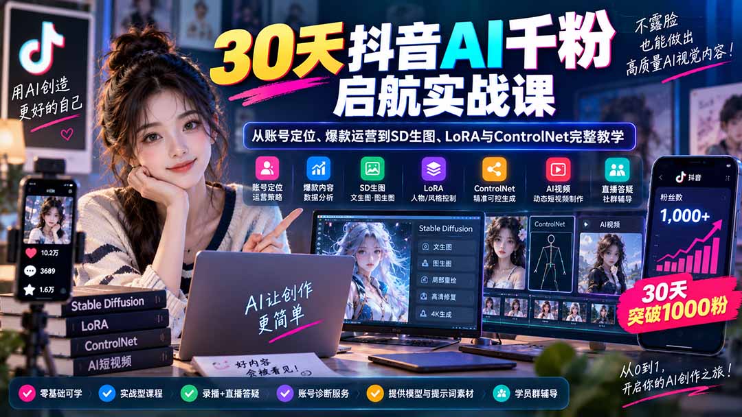 30天抖音AI千粉启航实战课：从账号定位、爆款运营到SD生图、LoRA与ControlNet完整教学-智富思维学堂