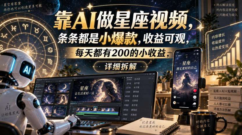 靠AI做星座视频，条条都是小爆款，收益可观，每天都有200的小收益，详细拆解-智富思维学堂