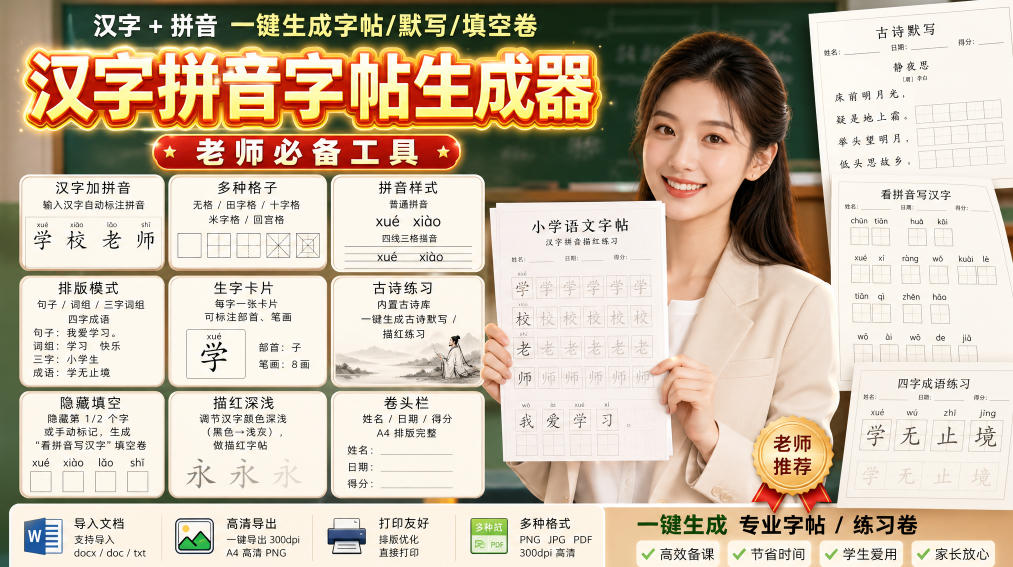 学习神器,汉字拼音字帖生成器,汉字+拼音 一键生成字帖/默写/填空卷,支持词组、成语,老师、家长必备-智富思维学堂