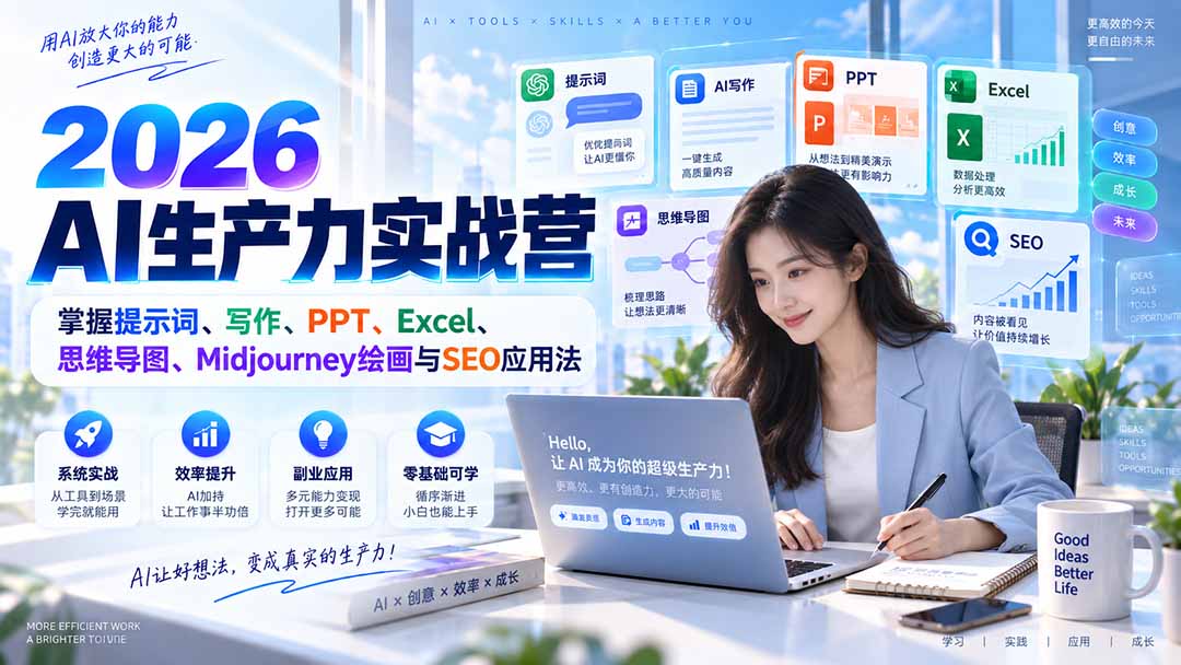 2026AI生产力实战营：掌握提示词、写作、PPT、Excel、思维导图、Midjourney绘画与SEO应用法-智富思维学堂