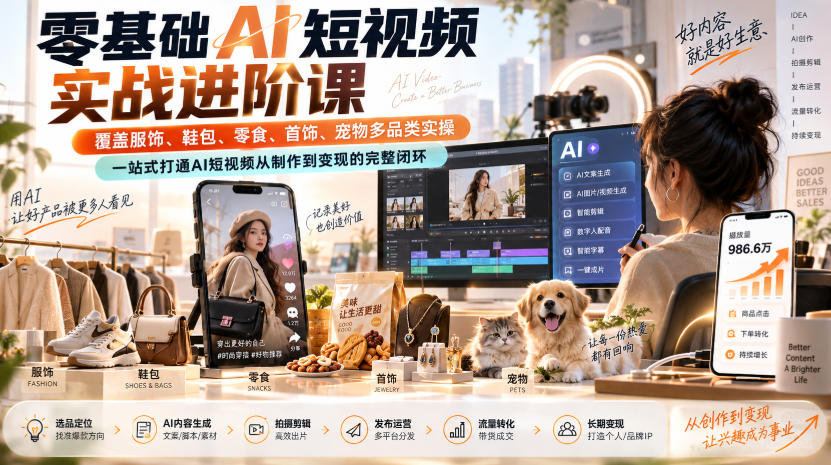 零基础AI短视频实战进阶课,覆盖服饰、鞋包、零食、首饰、宠物多品类实操,一站式打通AI短视频从制作到变现的完整闭环-智富思维学堂