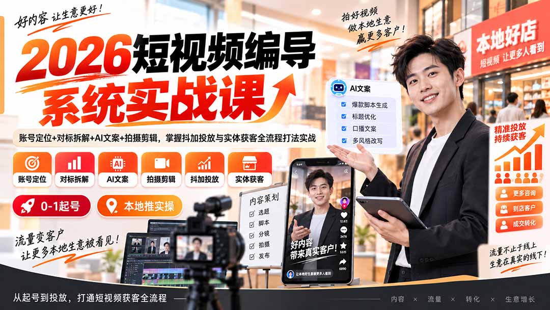 图片[2]-2026短视频编导系统实战课：账号定位+对标拆解+AI文案+拍摄剪辑，掌握抖加投放与实体获客全流程打法实战-智富思维学堂