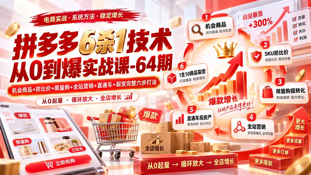 拼多多6杀1技术从0到爆实战课-64期：机会商品+防比价+限量购+全站营销+直通车+裂变完整六步打法-智富思维学堂