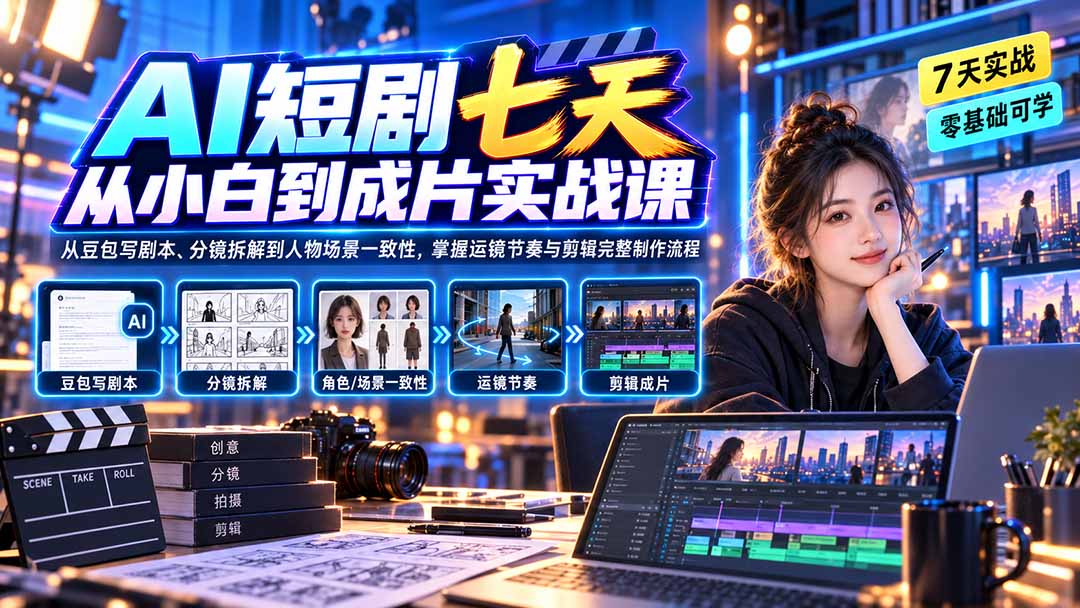 图片[2]-AI短剧七天从小白到成片实战课：从豆包写剧本、分镜拆解到人物场景一致性，掌握运镜节奏与剪辑完整制作流程-智富思维学堂