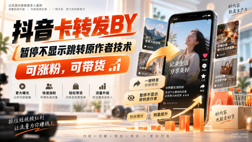 抖音卡转发搬运,暂停不显示跳转原作者技术,可涨粉,可带货-智富思维学堂