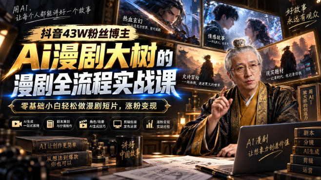 抖音43W粉丝博主Ai漫剧大树的漫剧制作全流程实战课,零基础小白轻松做漫剧短片,涨粉变现-智富思维学堂