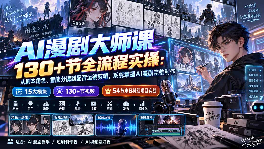 AI漫剧大师课130+节全流程实操：从剧本角色、智能分镜到配音运镜剪辑，系统掌握AI漫剧完整制作-智富思维学堂