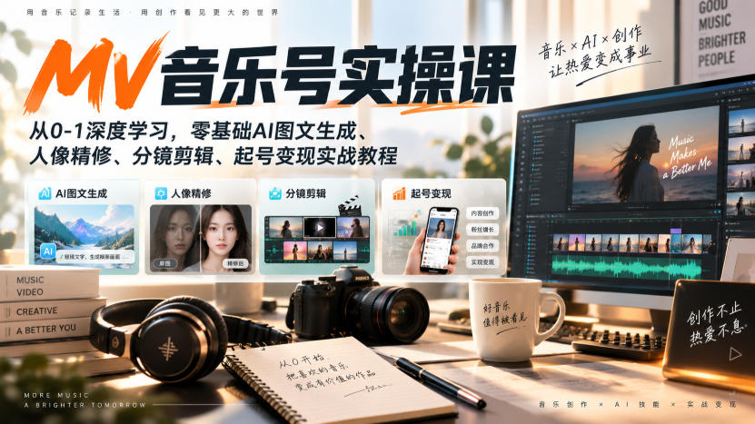 AI MV音乐号实操课，从0-1深度学习，零基础AI图文生成、人像精修、分镜剪辑、起号变现实战教程-智富思维学堂