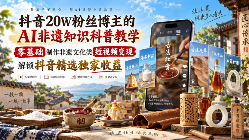抖音20W粉丝博主的AI非遗知识科普教学,零基础制作非遗文化类短视频变现,解锁抖音精选独家收益-智富思维学堂
