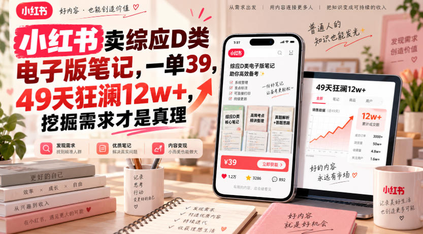小红书卖综应D类电子版笔记,一单39,49天狂澜12w+,挖掘需求才是真理-智富思维学堂