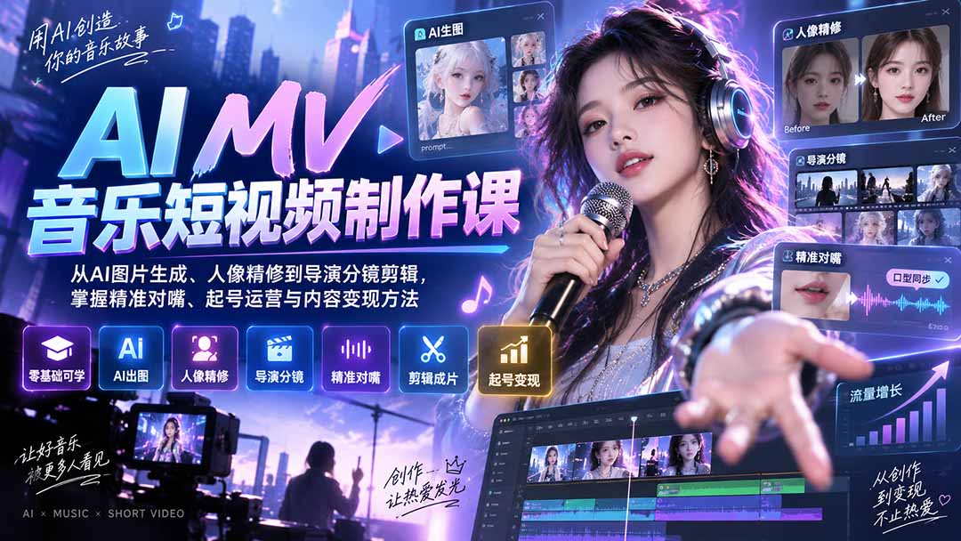 图片[2]-AI MV音乐短视频制作课：从AI图片生成、人像精修到导演分镜剪辑，掌握精准对嘴、起号运营与内容变现方法-智富思维学堂