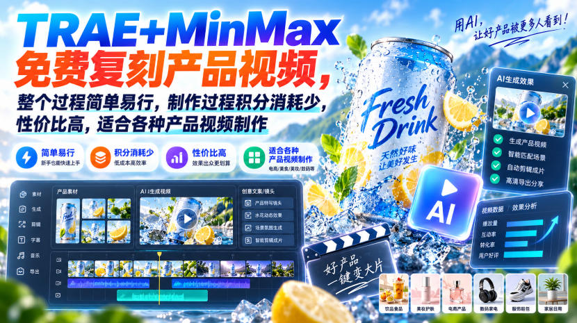 TRAE+MinMax免费复刻产品视频，整个过程简单易行，制作过程积分消耗少，性价比高，适合各种产品视频制作-智富思维学堂