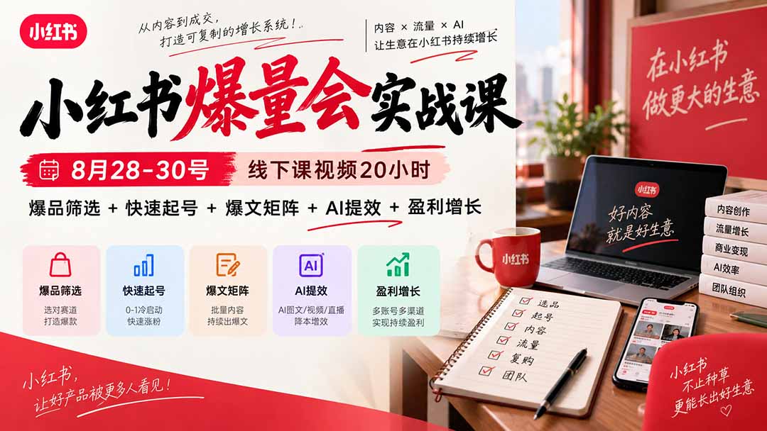 图片[2]-小红书爆量会实战课：8月28-30号线下课视频20小时，爆品筛选+快速起号+爆文矩阵+AI提效+盈利增长-智富思维学堂