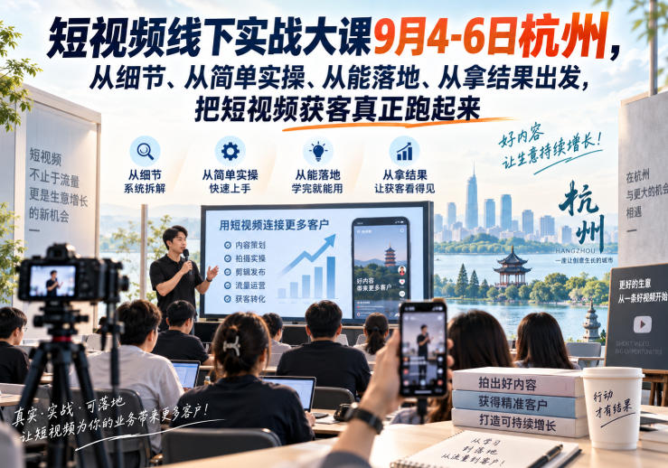 短视频线下实战大课9月4-6日杭州,从细节、从简单实操、从能落地、从拿结果出发,把短视频获客真正跑起来-智富思维学堂