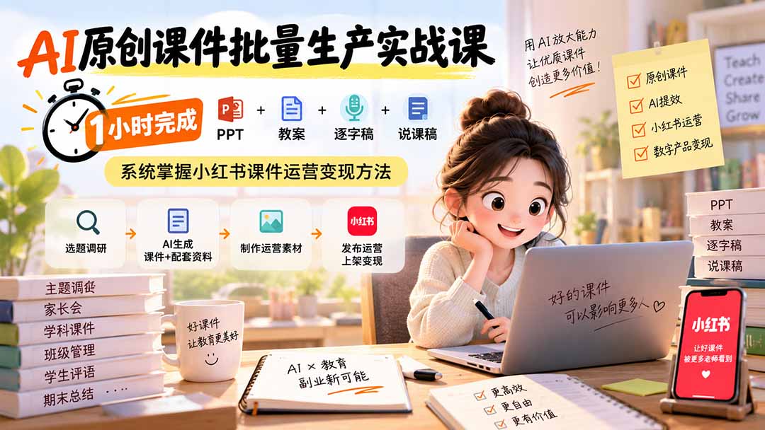AI原创课件批量生产实战课：1小时完成PPT+教案+逐字稿+说课稿，系统掌握小红书课件运营变现方法-智富思维学堂