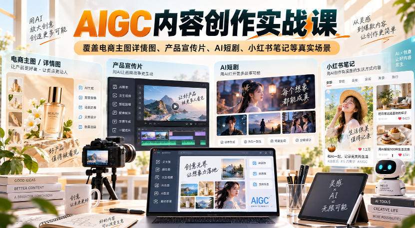 AIGC内容创作实战课,覆盖电商主图详情图、产品宣传片、AI短剧、小红书笔记等真实场景-智富思维学堂