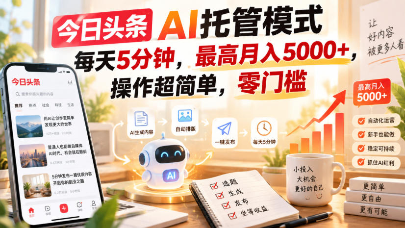 今日头条AI托管模式，每天5分钟，最高月入5000+，操作超简单，零门槛【揭秘】-智富思维学堂
