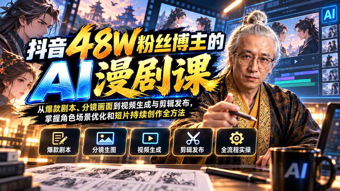 抖音48W粉丝博主的AI漫剧课：从爆款剧本、分镜画面到视频生成与剪辑发布，掌握角色场景优化和短片持续创作全方法-智富思维学堂
