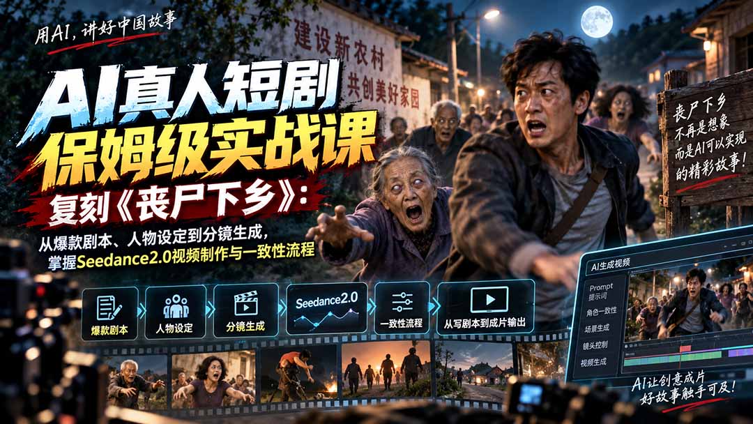 AI真人短剧保姆级实战课，复刻《丧尸下乡》：从爆款剧本、人物设定到分镜生成，掌握Seedance2.0视频制作与一致性流程-智富思维学堂