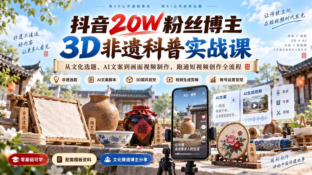 图片[2]-抖音20W粉丝博主3D非遗科普实战课：从文化选题、AI文案到画面视频制作，跑通短视频创作全流程-智富思维学堂