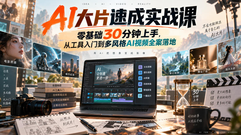 AI大片速成实战课｜零基础30分钟上手，从工具入门到多风格AI视频全案落地​-智富思维学堂