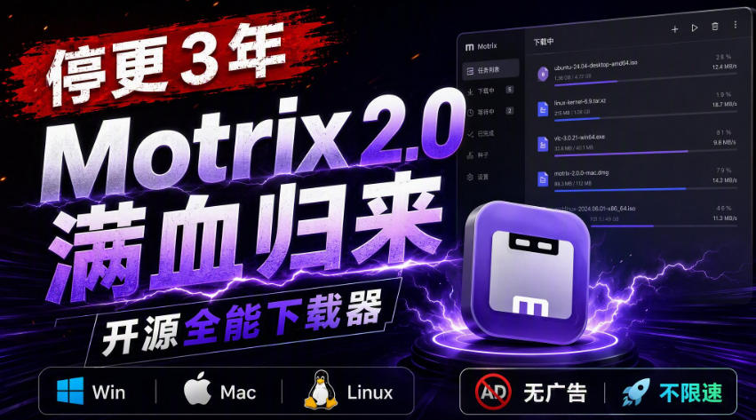 停更3年,Motrix 2.0满血归来:开源全能下载器,Win/Mac/Linux通吃,无广告不限速-智富思维学堂