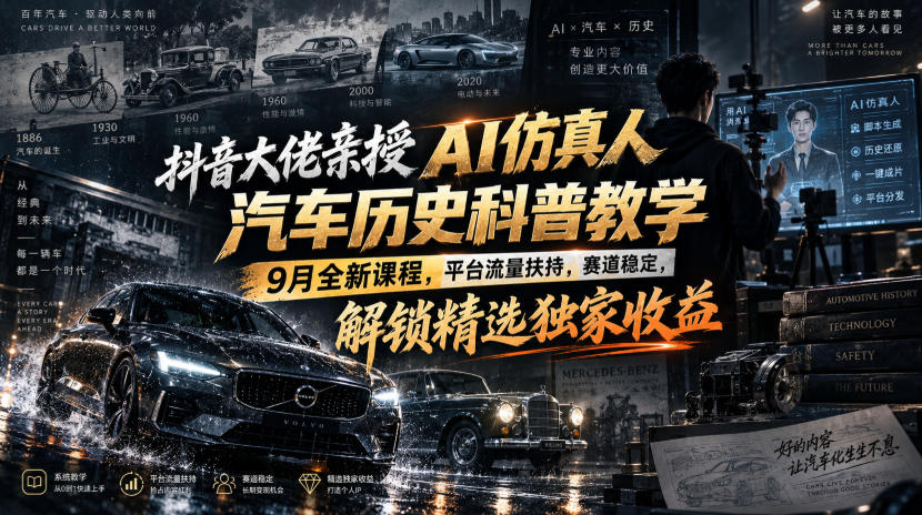抖音大佬亲授AI仿真人汽车历史科普教学,9月全新课程,平台流量扶持,赛道稳定,解锁精选独家收益-智富思维学堂