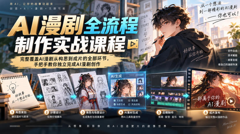 AI漫剧全流程制作实战课程，完整覆盖AI漫剧从构思到成片的全部环节，手把手教你独立完成AI漫剧创作-智富思维学堂