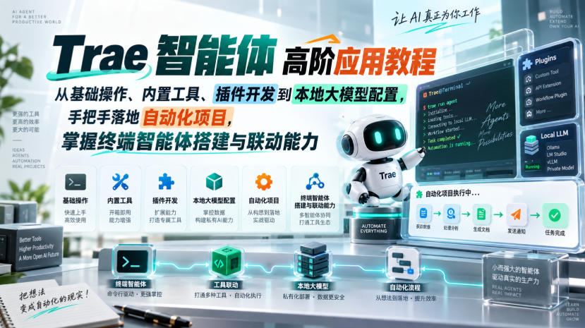 Trae智能体高阶应用教程，从基础操作、内置工具、插件开发到本地大模型配置，手把手落地自动化项目-智富思维学堂