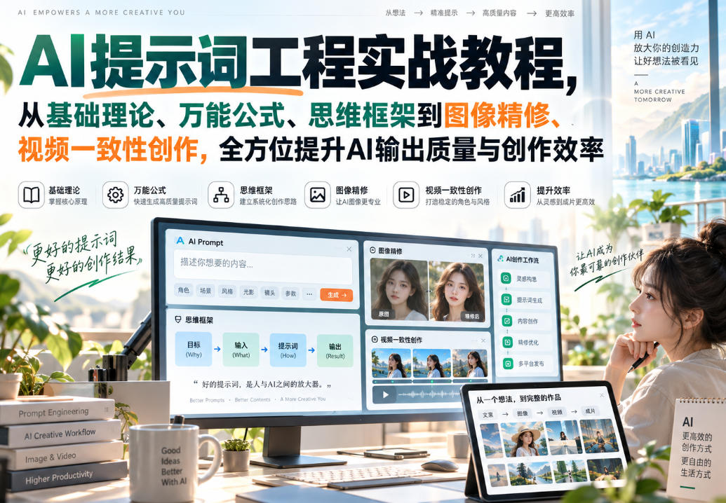 AI提示词工程实战教程，从基础理论、万能公式、思维框架到图像精修、视频一致性创作，全方位提升AI输出质量与创作效率-智富思维学堂