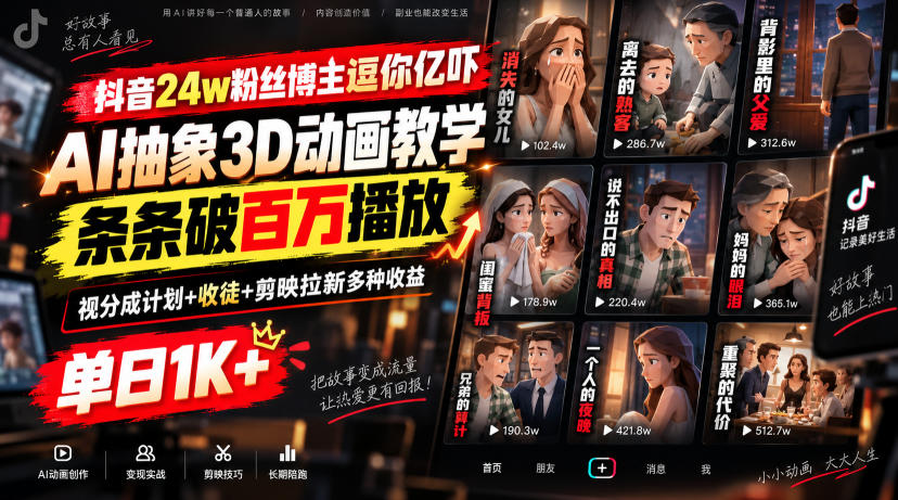 抖音24w粉丝博主逗你亿吓AI抽象3D动画教学，条条破百万播放，分成计划+收徒+剪映拉新多种收益，单日1K+-智富思维学堂