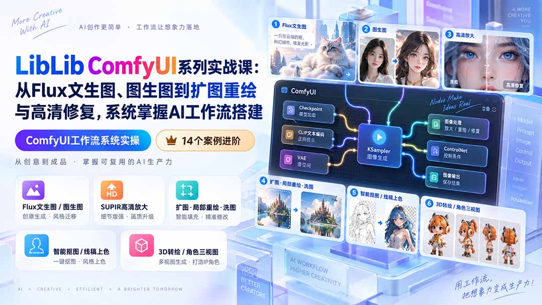 图片[2]-LibLib ComfyUI系列实战课：从Flux文生图、图生图到扩图重绘与高清修复，系统掌握AI工作流搭建-智富思维学堂