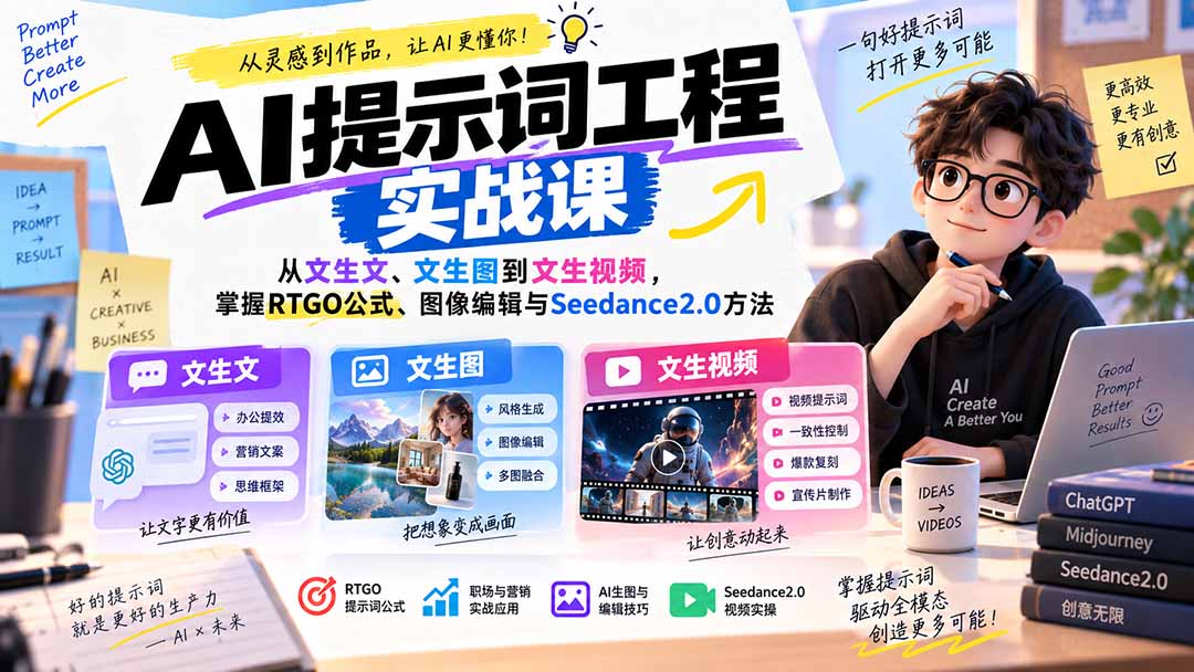 图片[2]-AI提示词工程实战课：从文生文、文生图到文生视频，掌握RTGO公式、图像编辑与Seedance2.0方法-智富思维学堂
