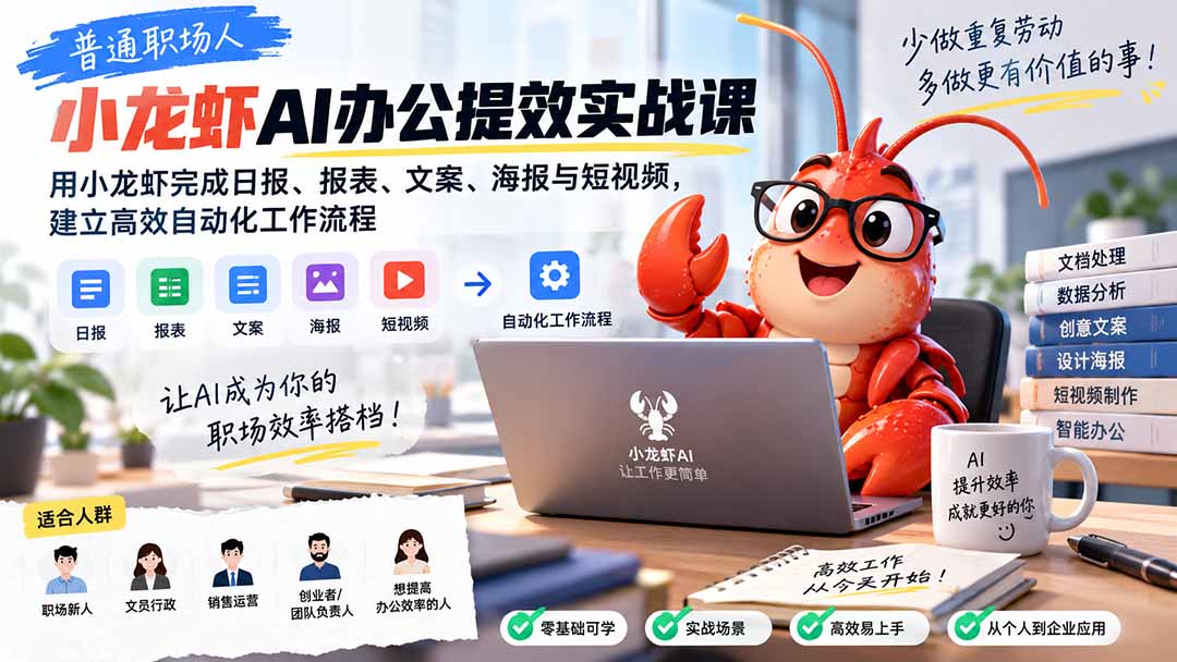普通职场人AI办公提效实战课：用小龙虾完成日报、报表、文案、海报与短视频，建立高效自动化工作流程-智富思维学堂