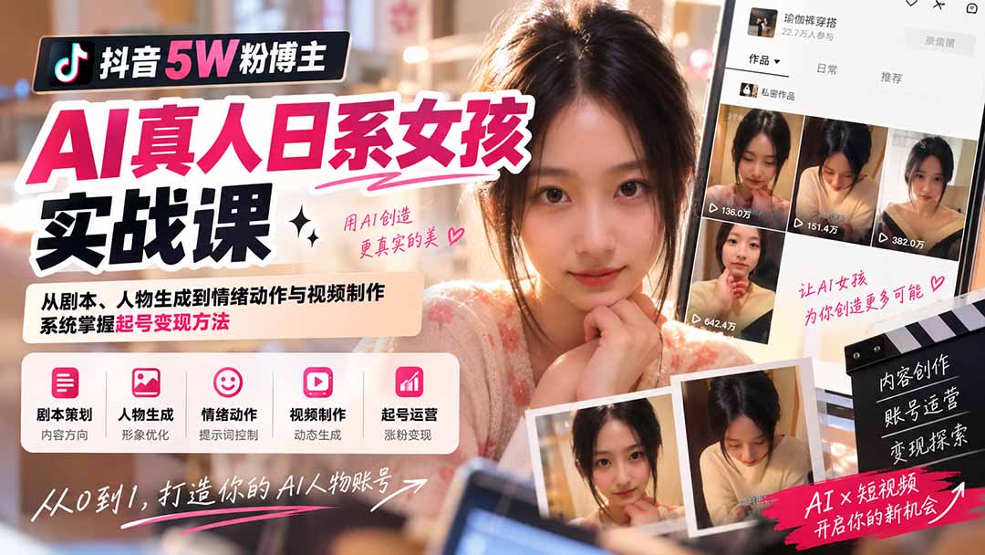 抖音5W粉博主AI真人日系女孩实战课：从剧本、人物生成到情绪动作与视频制作，系统掌握起号变现方法-智富思维学堂