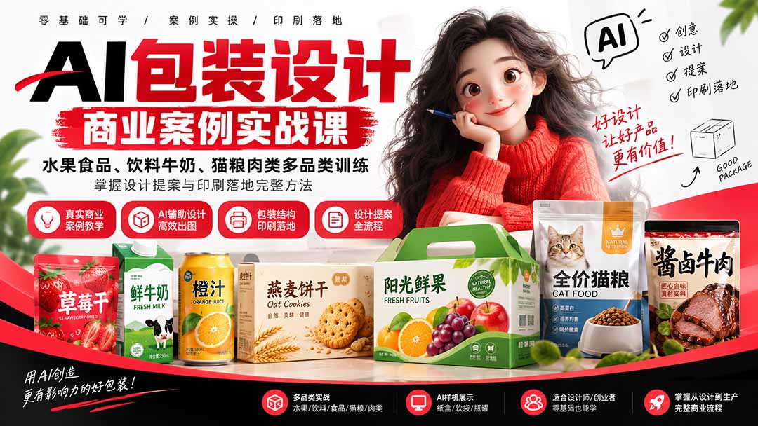 图片[2]-AI包装设计商业案例实战课：水果食品、饮料牛奶、猫粮肉类多品类训练，掌握设计提案与印刷落地完整方法-智富思维学堂