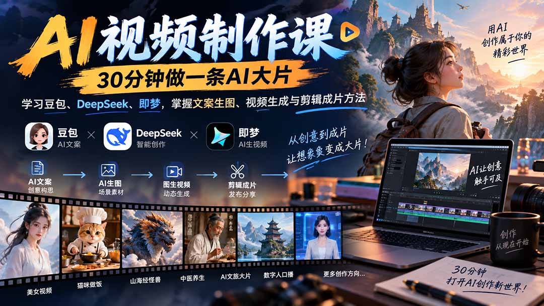 图片[2]-AI视频制作课-30分钟做一条AI大片：学习豆包、DeepSeek、即梦，掌握文案生图、视频生成与剪辑成片方法-智富思维学堂