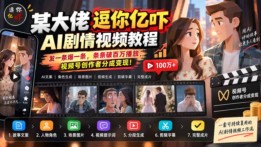 某大佬逗你亿吓AI低模剧情视频制作教程：发一条爆一条，条条破百万播放，利用视频号创作者分成变现!-智富思维学堂