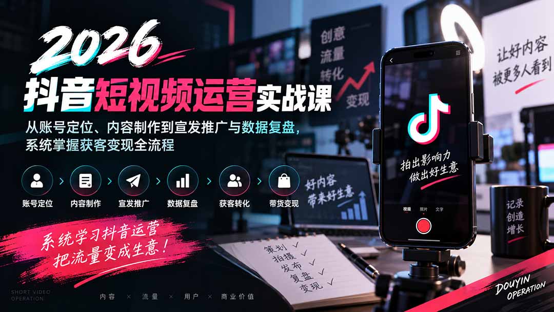 2026抖音短视频运营实战课：从账号定位、内容制作到宣发推广与数据复盘，系统掌握获客变现全流程-智富思维学堂