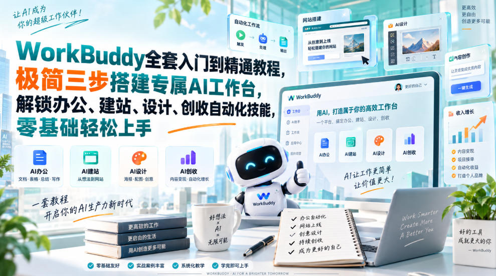 WorkBuddy全套入门到精通教程,极简三步搭建专属AI工作台,解锁办公、建站、设计、创收自动化技能,零基础轻松上手-智富思维学堂