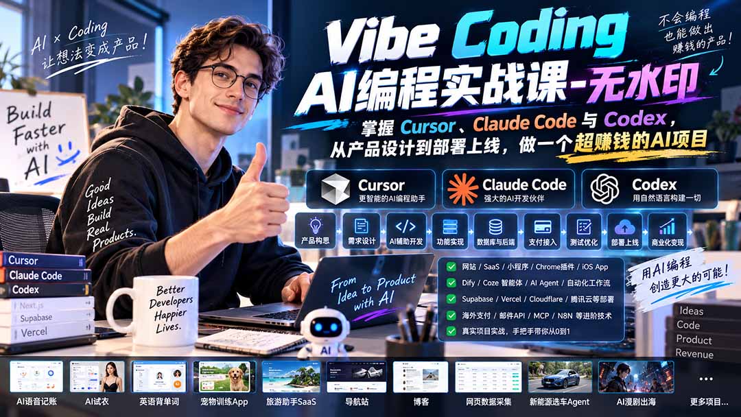 图片[2]-Vibe Coding AI编程实战课-无水印：掌握Cursor、Claude Code与Codex，从产品设计到部署上线，做一个超赚钱的AI项目-智富思维学堂