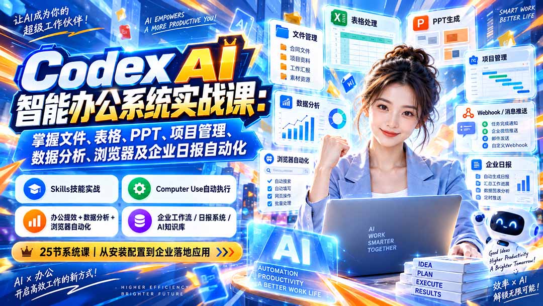 Codex AI智能办公系统实战课:掌握文件、表格、PPT、项目管理、数据分析、浏览器及企业日报自动化-智富思维学堂