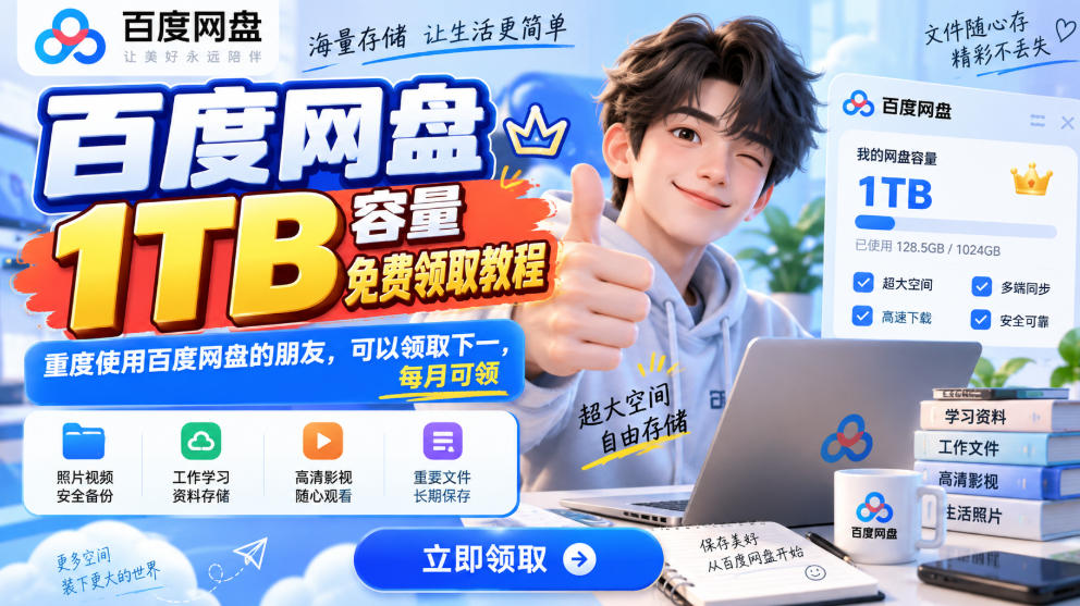 百度网盘1TB容量免费领取教程,重度使用百度网盘的朋友,可以领取下一,每月可领-智富思维学堂