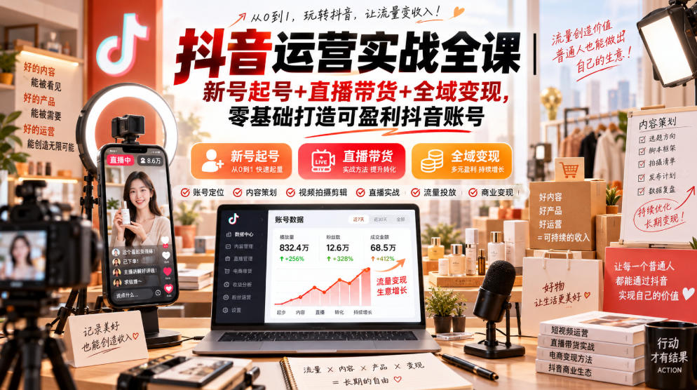 抖音运营实战全课｜新号起号+直播带货+全域变现，零基础打造可盈利抖音账号-智富思维学堂