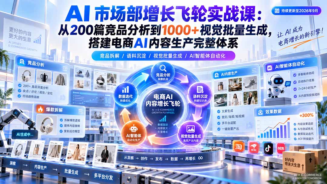 AI 市场部增长飞轮实战课：从200篇竞品分析到1000+视觉批量生成，搭建电商AI内容生产完整体系-智富思维学堂